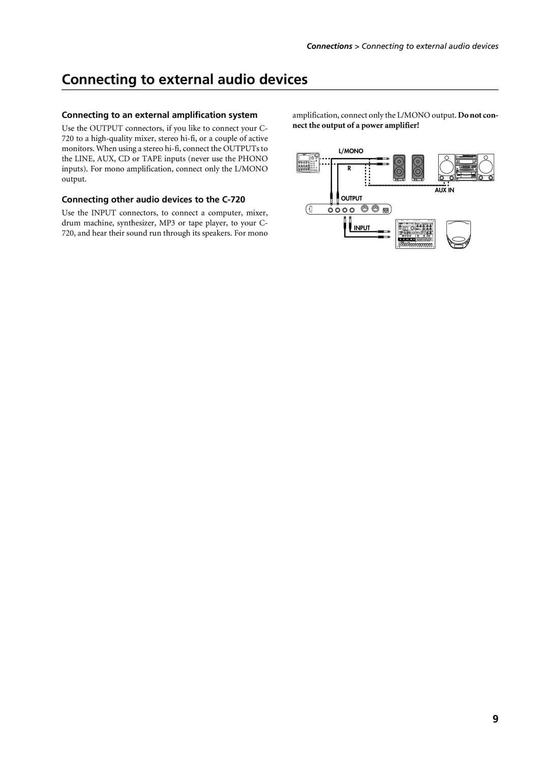 Korg C-720 user manual Connecting to external audio devices, Connecting to an external ampliﬁcation system 