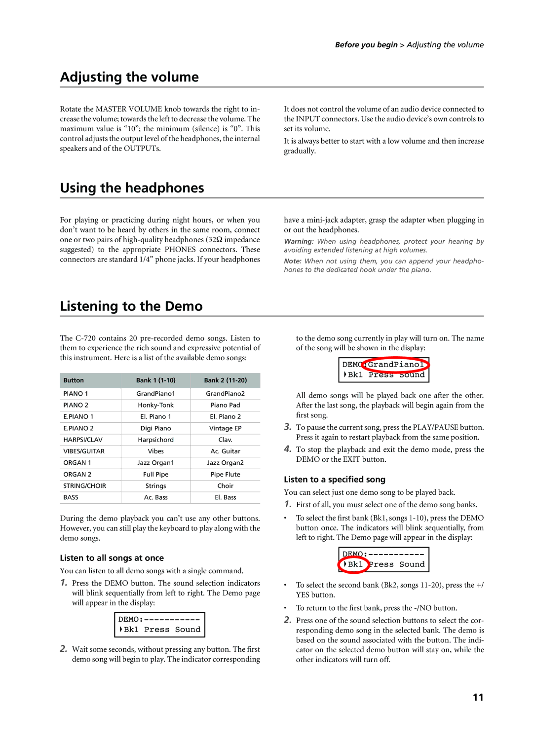 Korg C-720 user manual Adjusting the volume, Using the headphones, Listening to the Demo, Listen to a speciﬁed song 