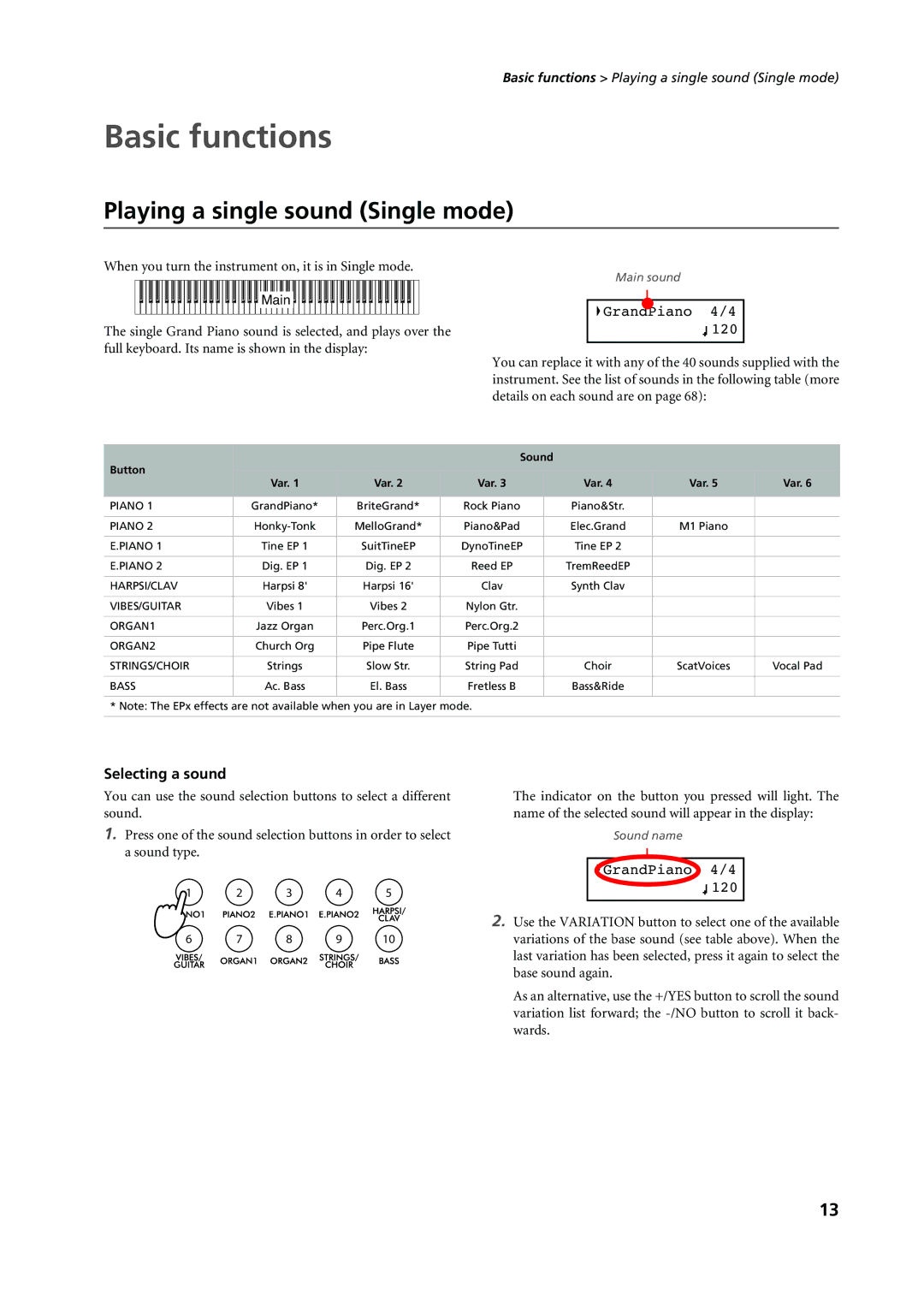 Korg C-720 Basic functions, Playing a single sound Single mode, When you turn the instrument on, it is in Single mode 