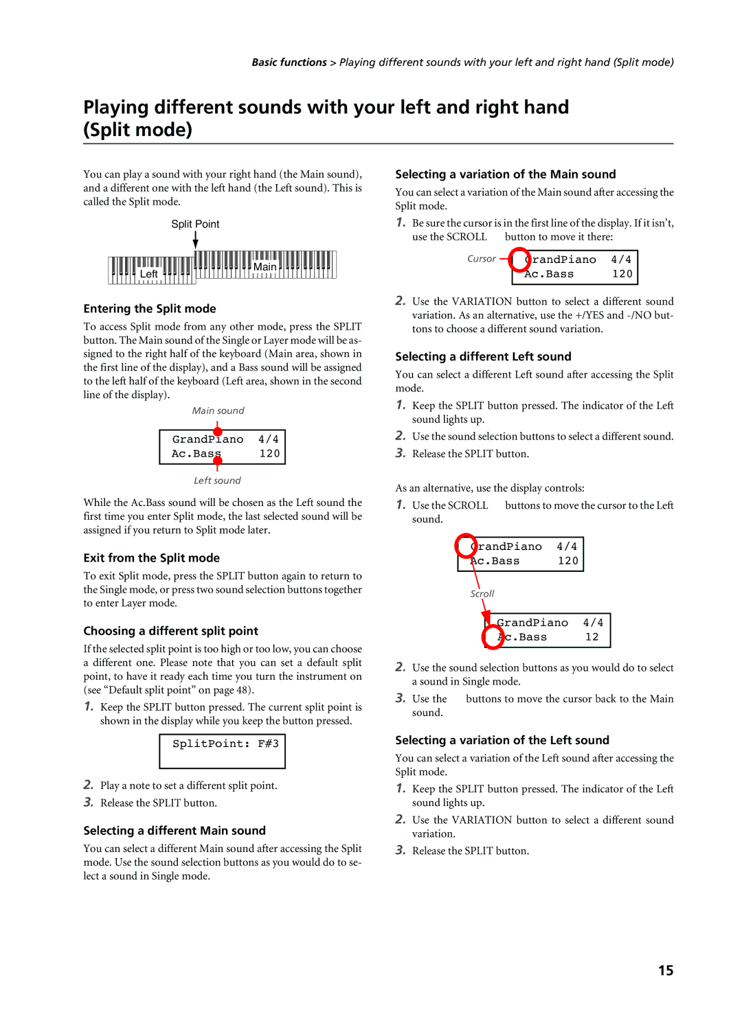 Korg C-720 user manual Entering the Split mode, Selecting a different Left sound, Exit from the Split mode 