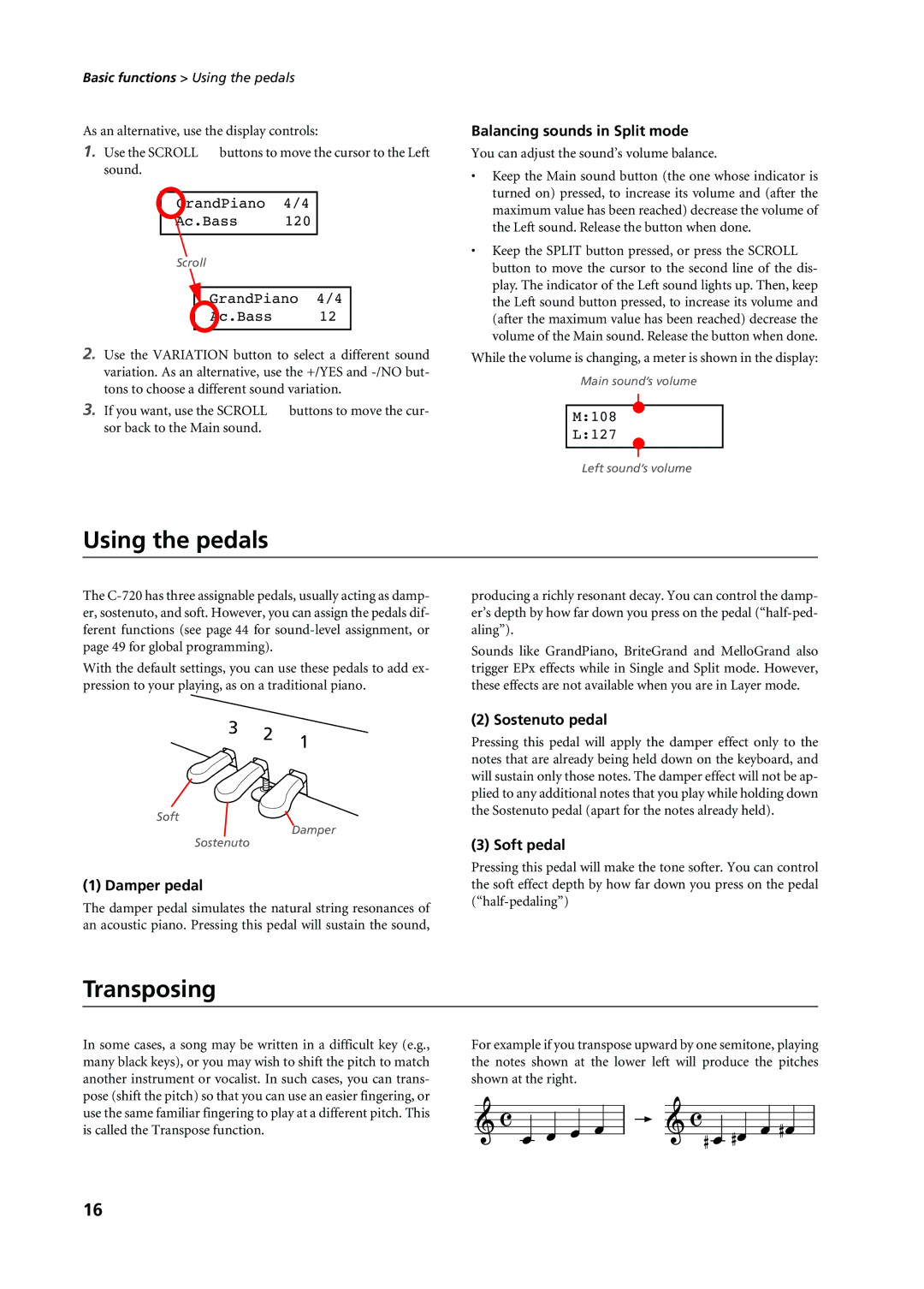 Korg C-720 user manual Using the pedals, Transposing 