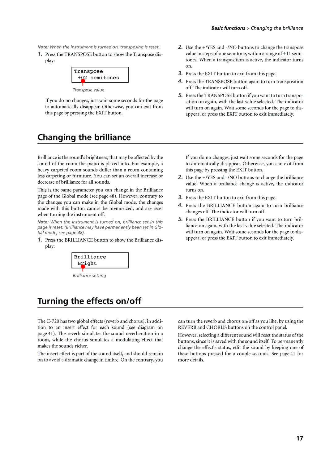 Korg C-720 Changing the brilliance, Turning the effects on/off, Press the Transpose button to show the Transpose dis- play 