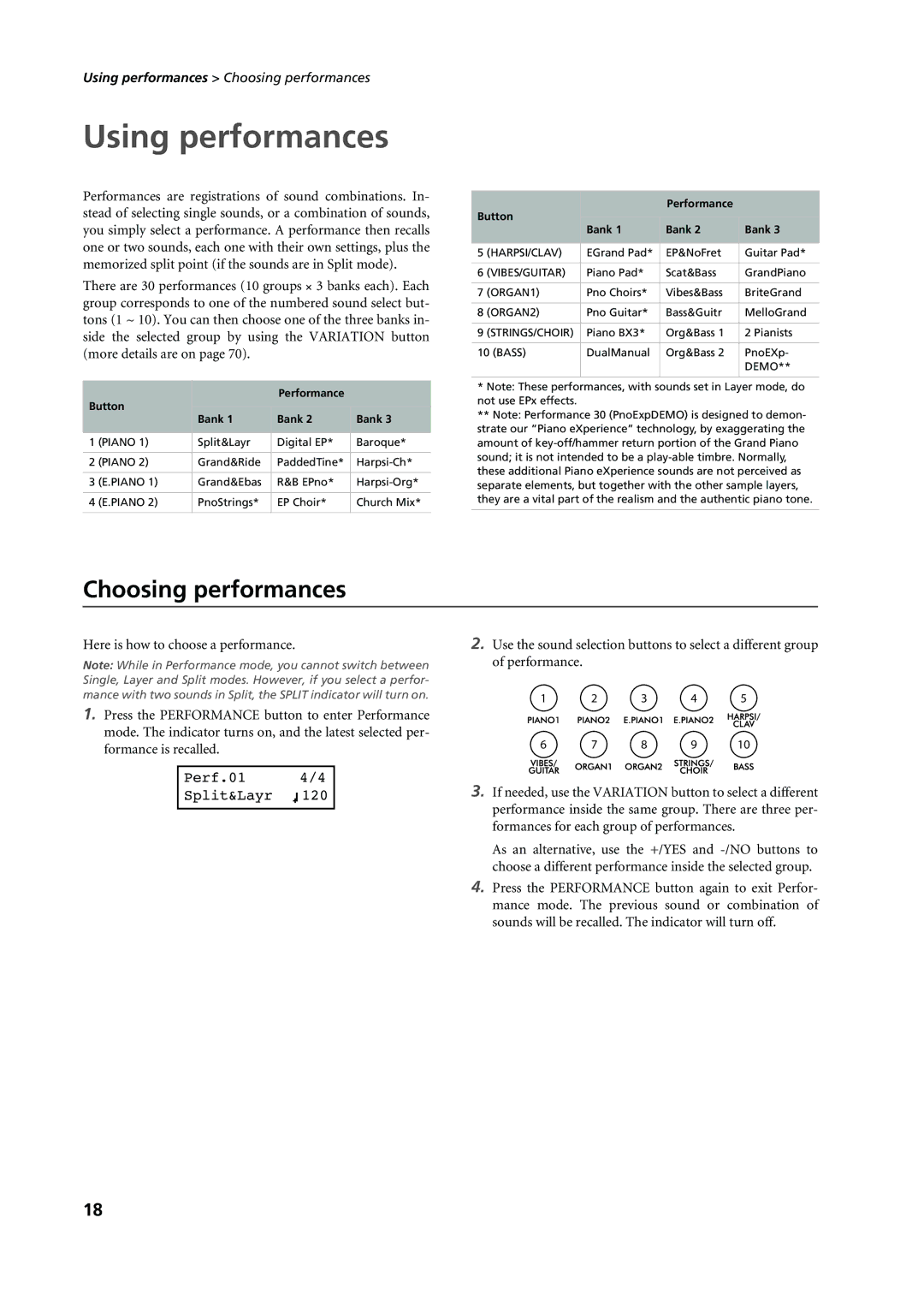 Korg C-720 user manual Using performances, Choosing performances, Perf.01 4/4 Split&Layr, Performance Button Bank 