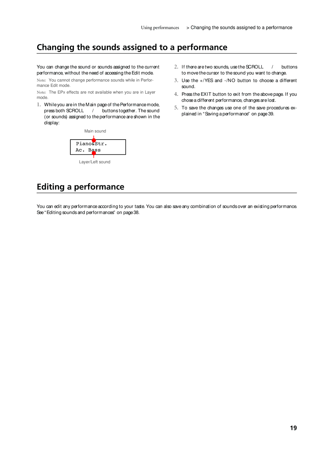 Korg C-720 user manual Changing the sounds assigned to a performance, Editing a performance, Piano&Str Ac. Bass 