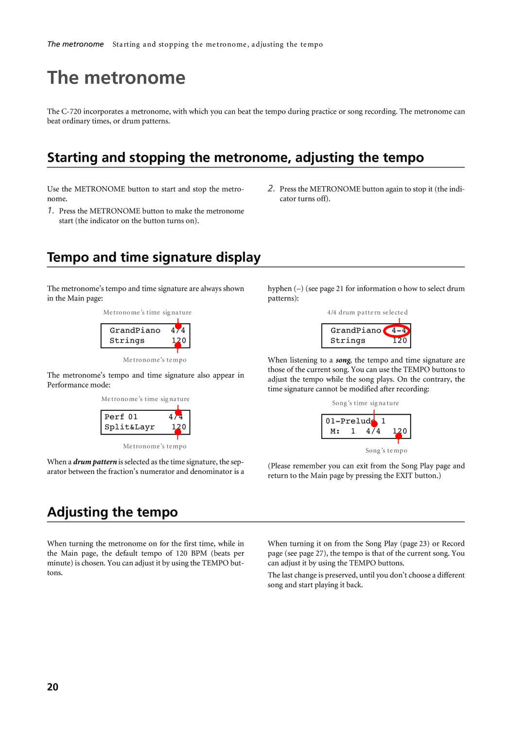 Korg C-720 Metronome, Starting and stopping the metronome, adjusting the tempo, Tempo and time signature display 