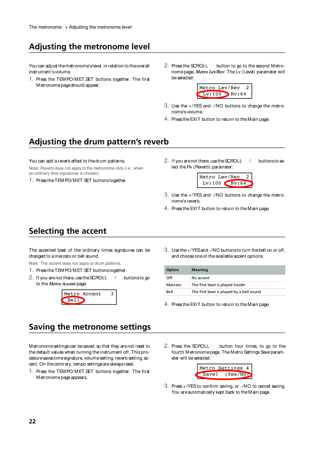 Korg C-720 user manual Adjusting the metronome level, Adjusting the drum pattern’s reverb, Selecting the accent 