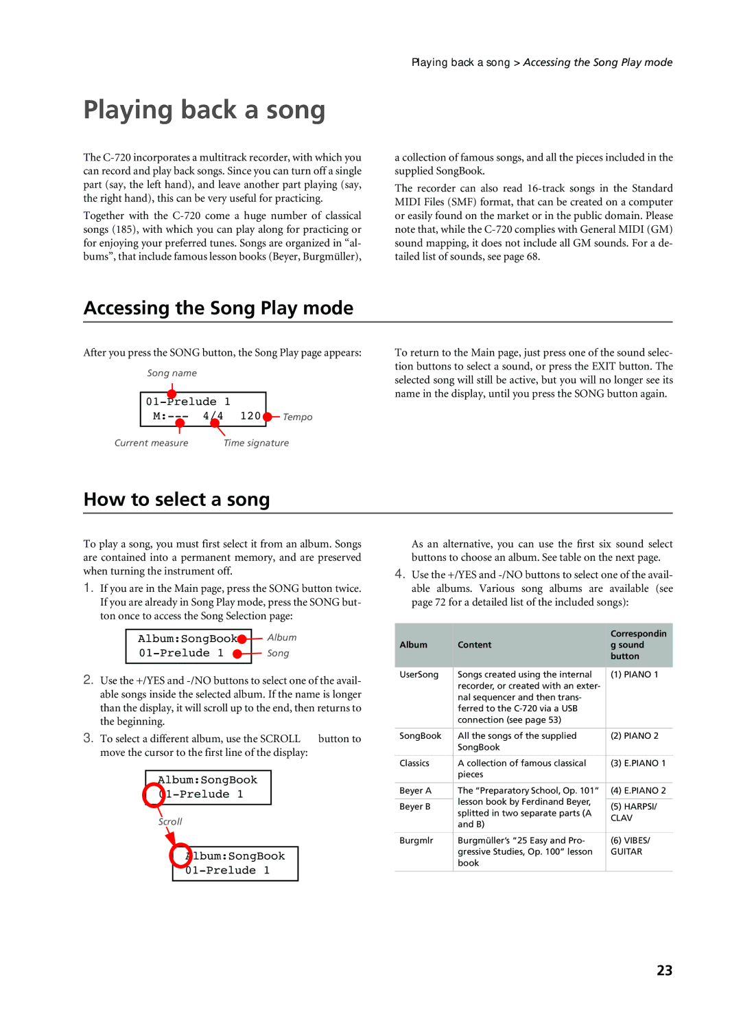 Korg C-720 user manual Playing back a song, Accessing the Song Play mode, How to select a song 