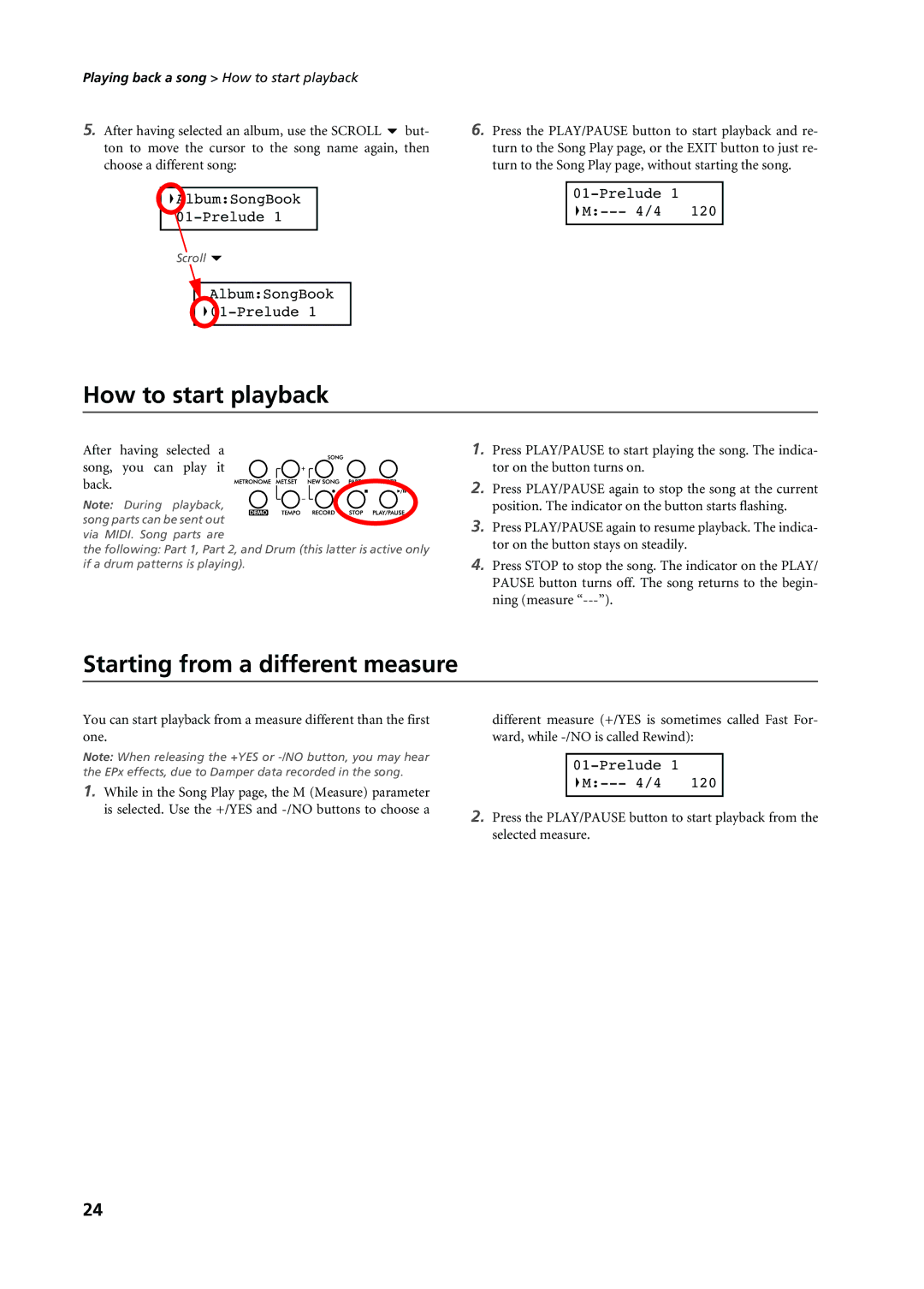 Korg C-720 How to start playback, Starting from a different measure, AlbumSongBook 01-Prelude Prelude 1 M--- 4/4 