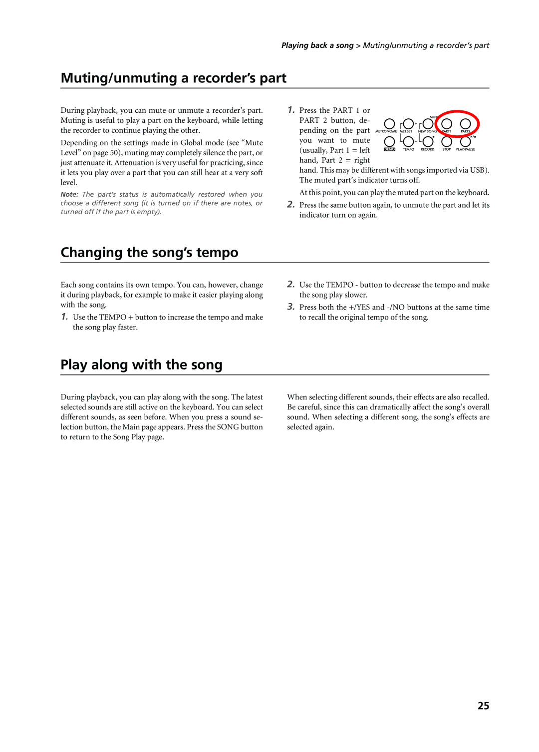 Korg C-720 user manual Muting/unmuting a recorder’s part, Changing the song’s tempo, Play along with the song 