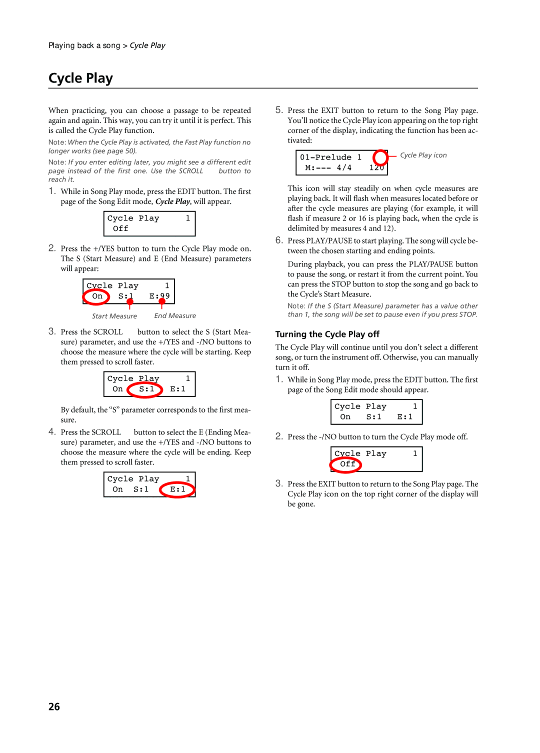 Korg C-720 user manual Turning the Cycle Play off 