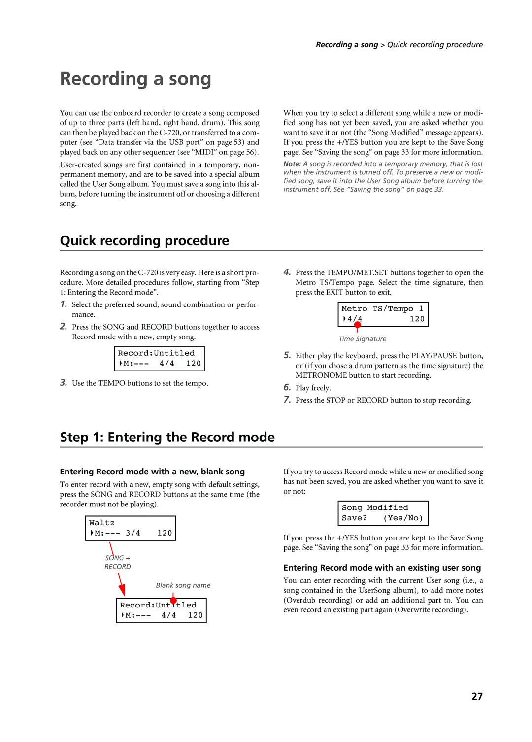 Korg C-720 user manual Recording a song, Quick recording procedure, Entering the Record mode 