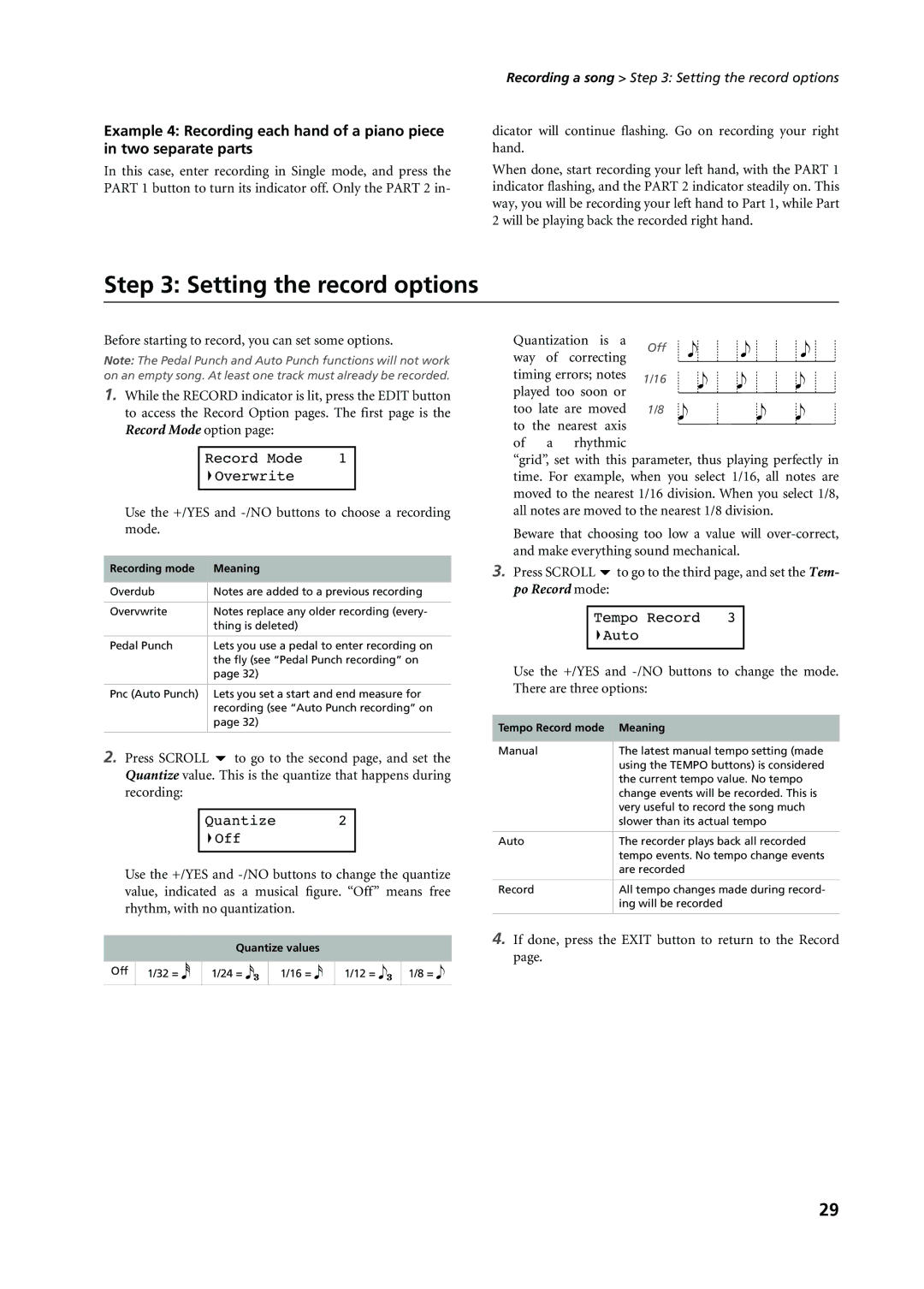 Korg C-720 user manual Setting the record options 