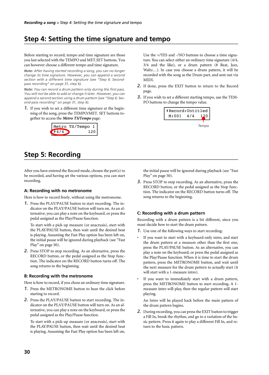 Korg C-720 user manual Setting the time signature and tempo, Recording with no metronome, Recording with the metronome 