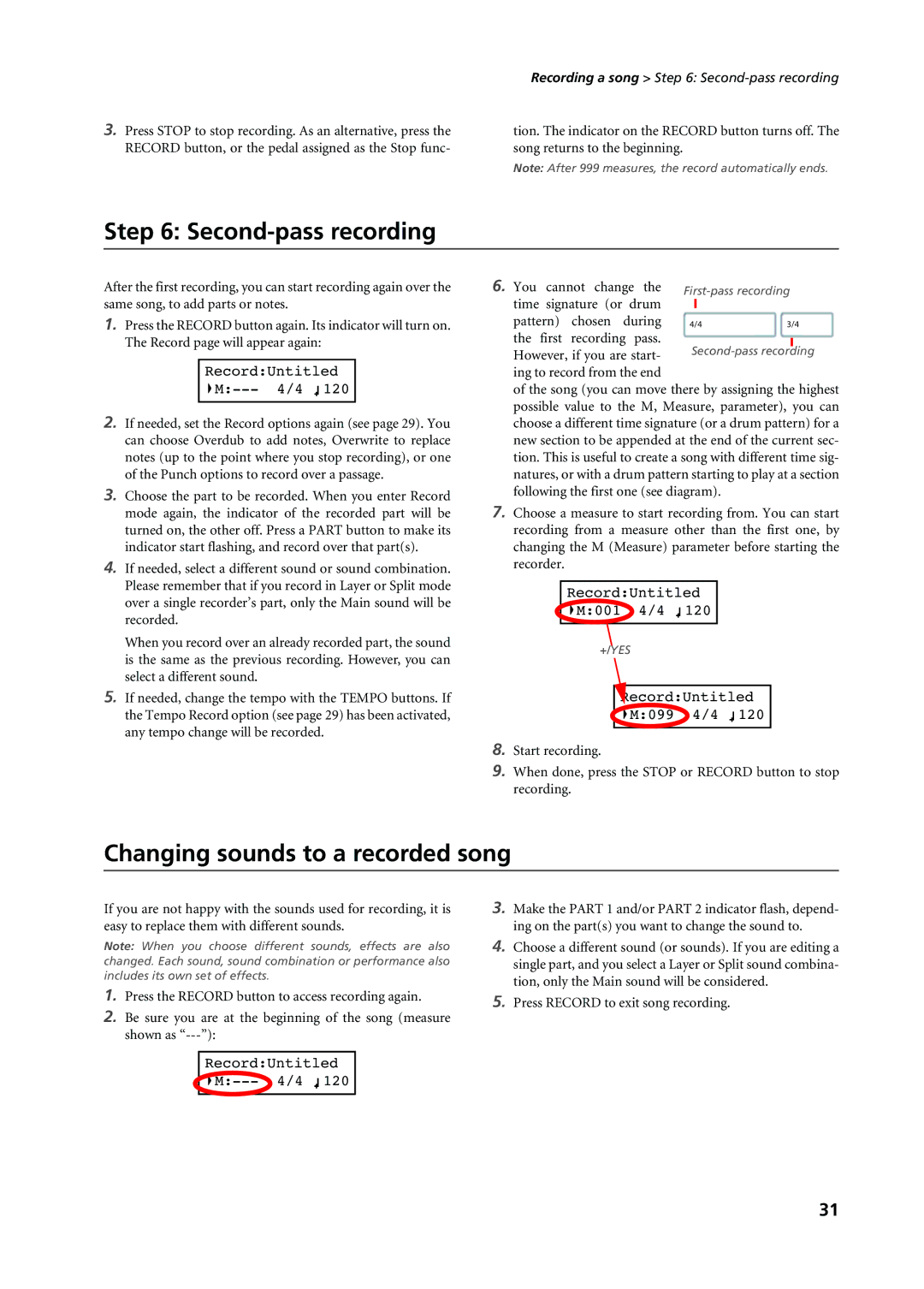 Korg C-720 Second-pass recording, Changing sounds to a recorded song, RecordUntitled M099 4/4, RecordUntitled M--- 4/4 