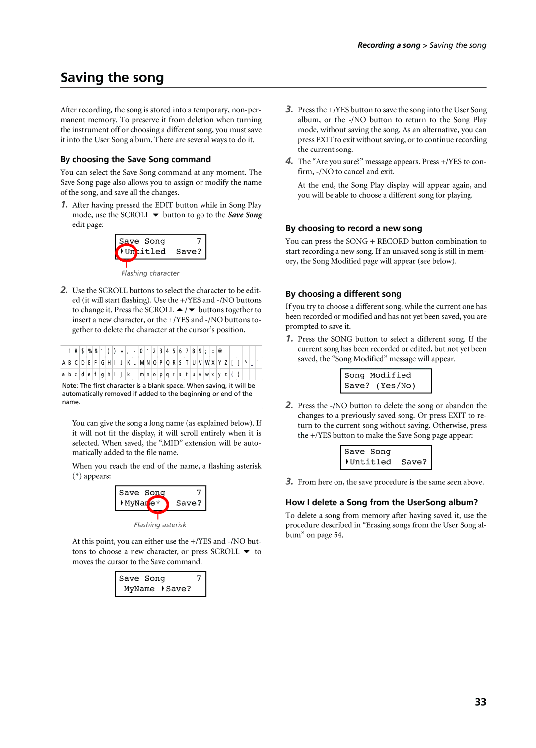 Korg C-720 user manual Saving the song, By choosing the Save Song command, By choosing to record a new song 