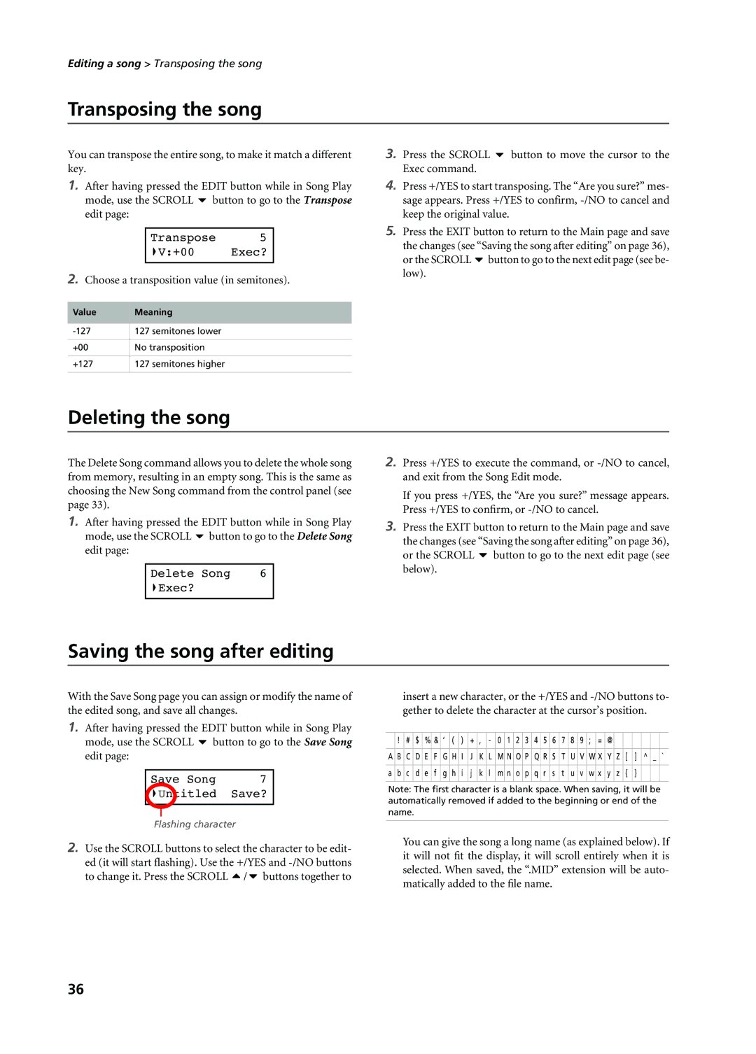 Korg C-720 user manual Transposing the song, Deleting the song, Saving the song after editing 