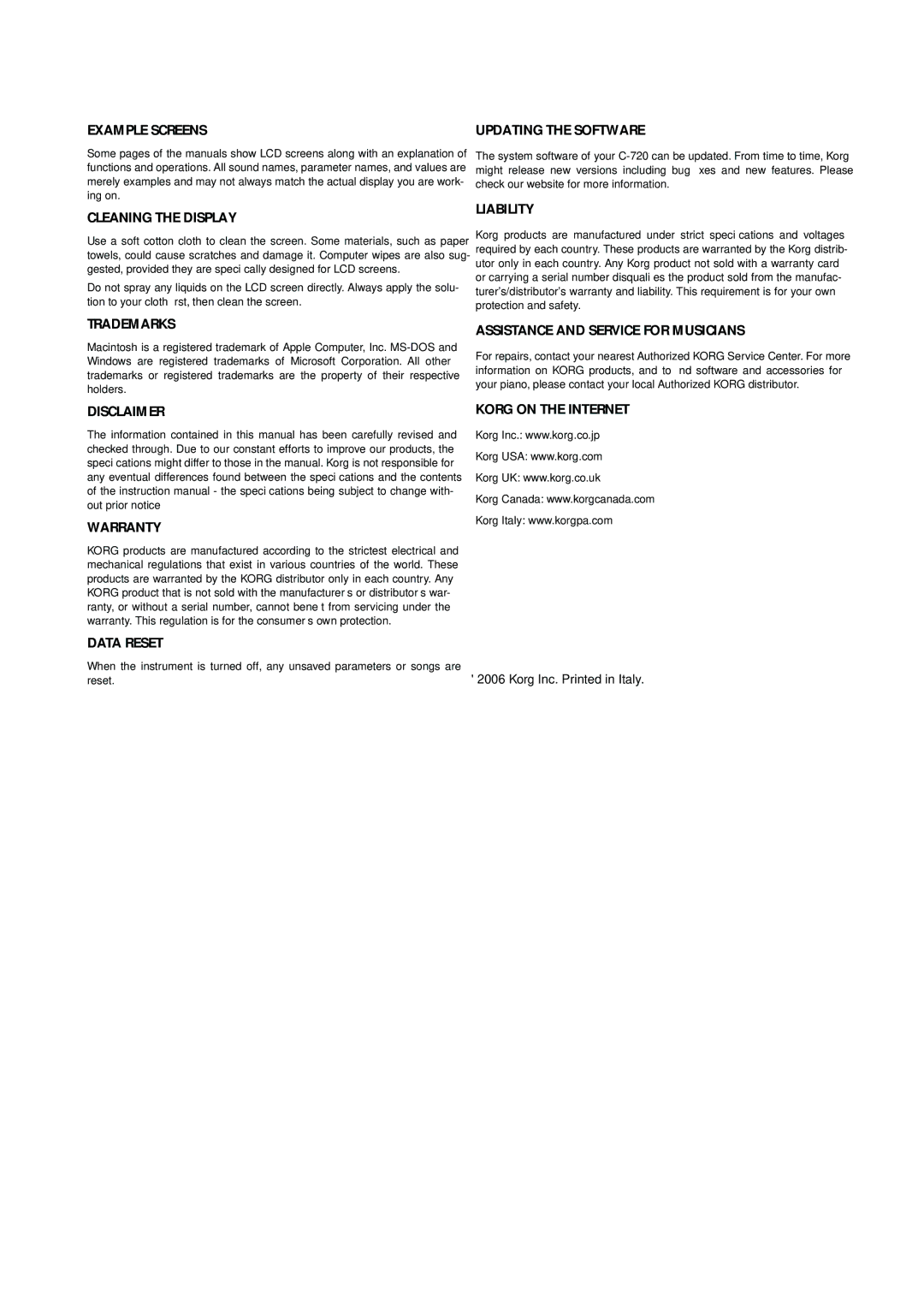 Korg C-720 user manual Data Reset 