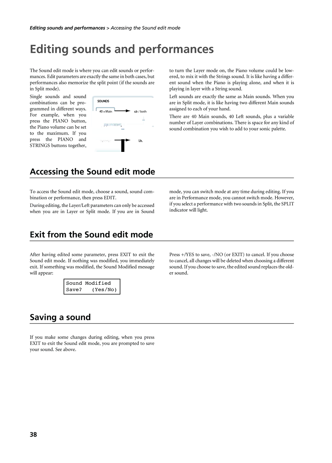 Korg C-720 Editing sounds and performances, Accessing the Sound edit mode, Exit from the Sound edit mode, Saving a sound 