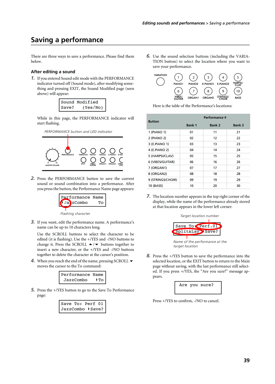 Korg C-720 user manual Saving a performance, After editing a sound, Press the +/YES button to go to the Save To Performance 