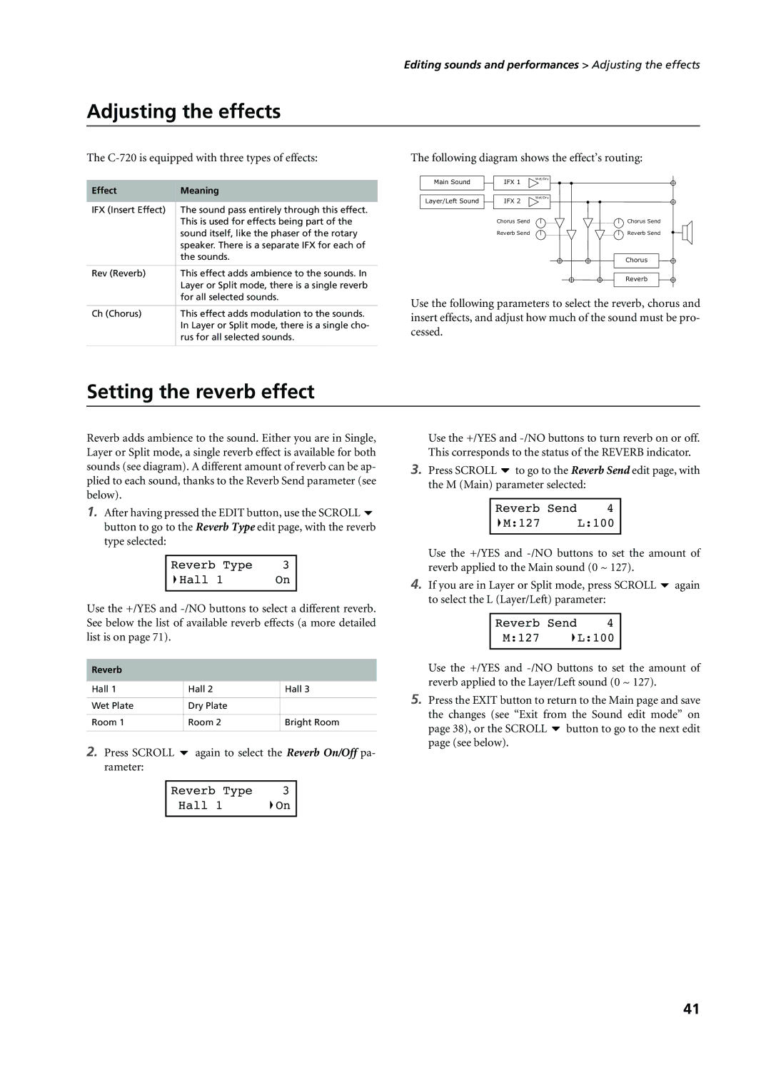 Korg user manual Adjusting the effects, Setting the reverb effect, C-720 is equipped with three types of effects 