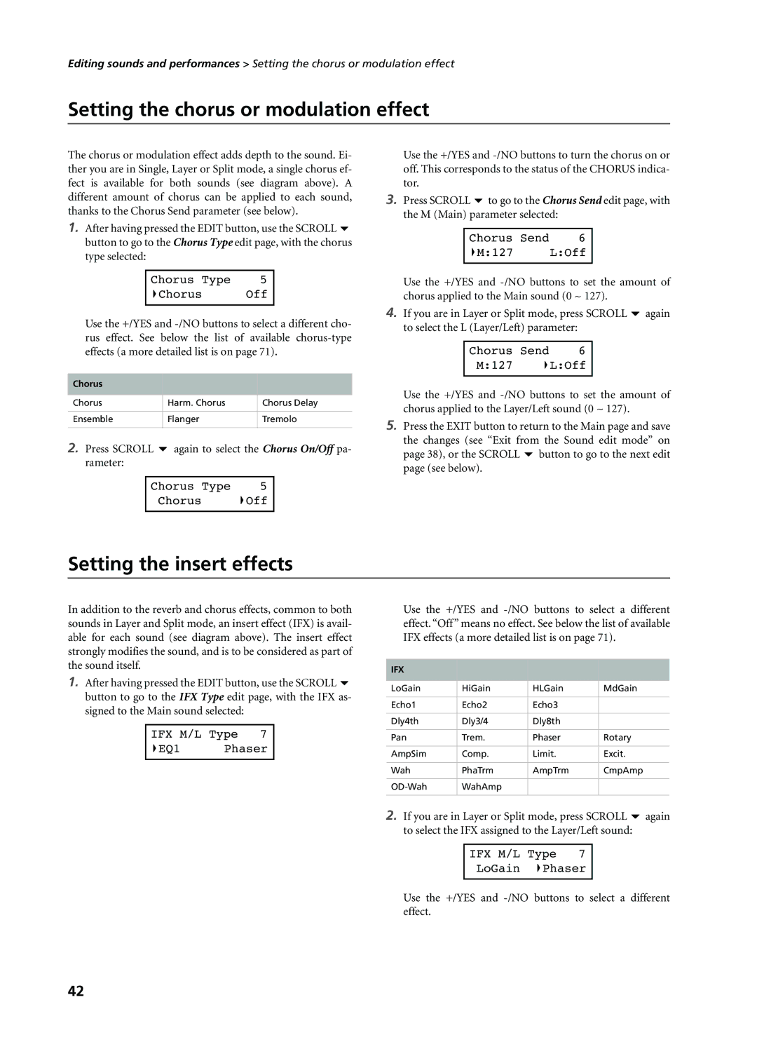 Korg C-720 user manual Setting the chorus or modulation effect, Setting the insert effects 