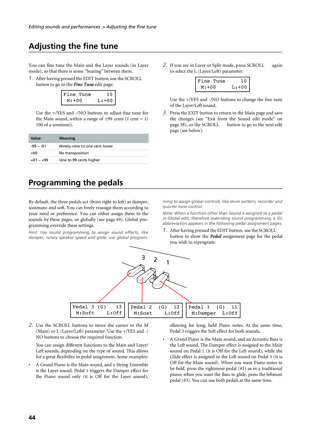 Korg C-720 user manual Adjusting the ﬁne tune, Programming the pedals 