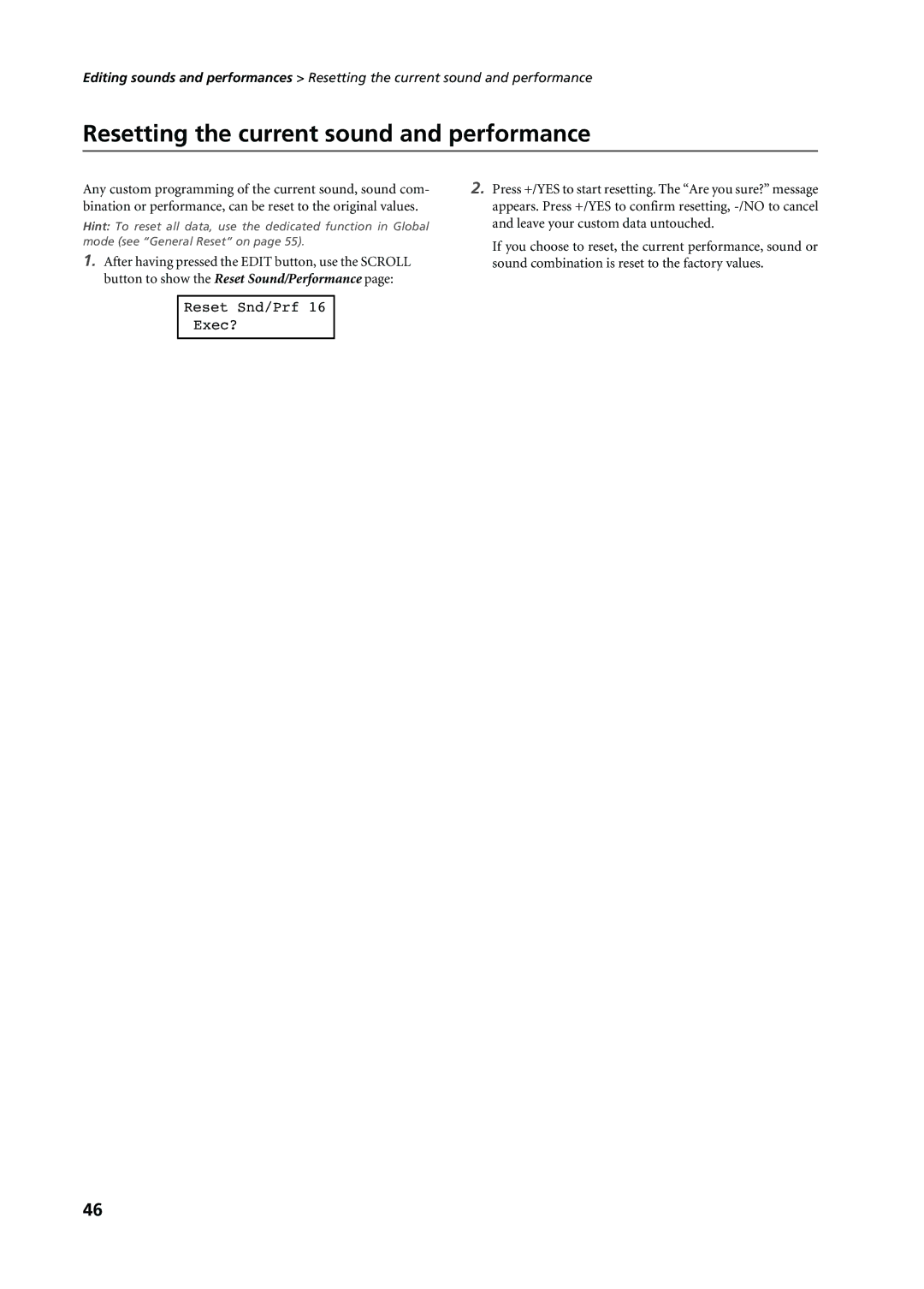 Korg C-720 user manual Resetting the current sound and performance, Reset Snd/Prf Exec? 