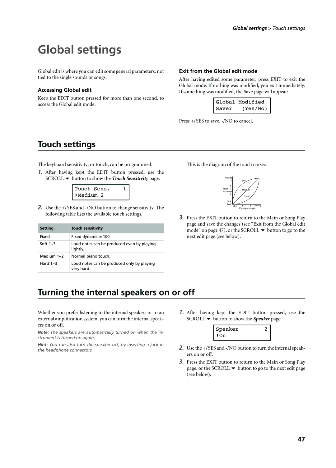 Korg C-720 user manual Global settings, Touch settings, Turning the internal speakers on or off, Accessing Global edit 