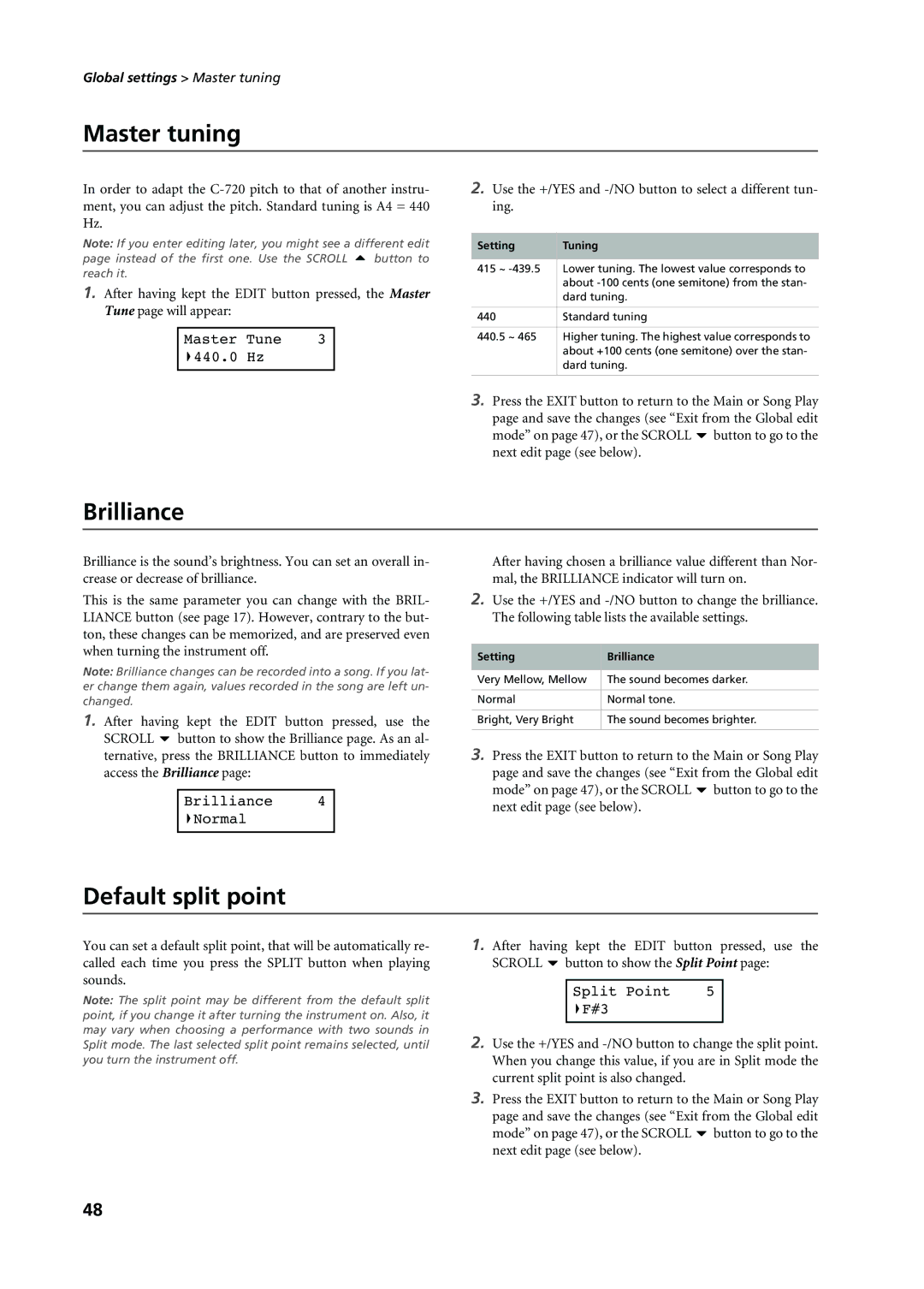 Korg C-720 user manual Master tuning, Brilliance, Default split point 