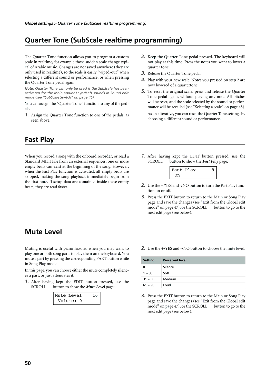 Korg C-720 user manual Quarter Tone SubScale realtime programming, Fast Play, Mute Level 