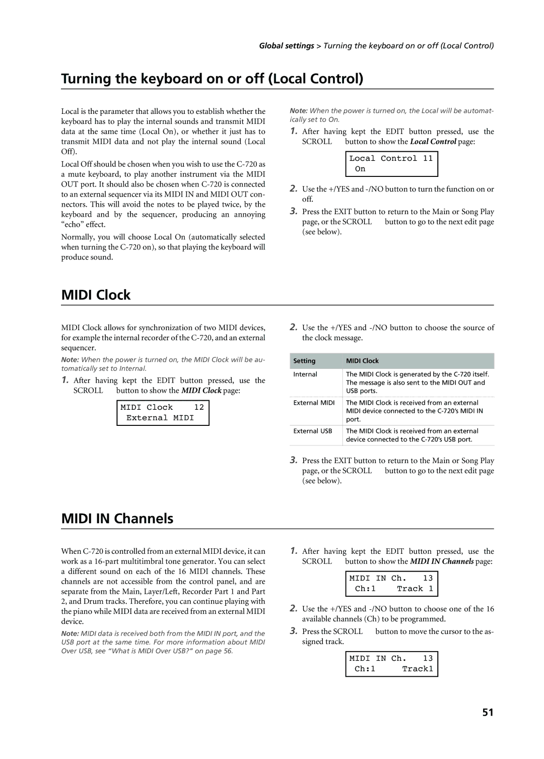 Korg C-720 user manual Turning the keyboard on or off Local Control, Midi Clock, Midi in Channels 