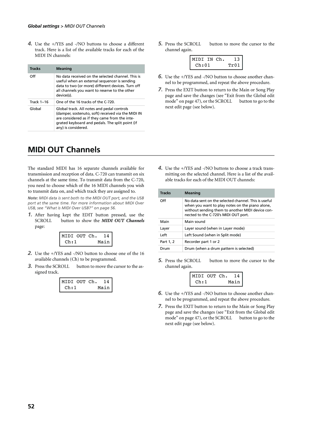 Korg C-720 user manual Midi OUT Channels, Press the Scroll Button to move the cursor to Channel again, Midi in Ch Ch01 Tr01 