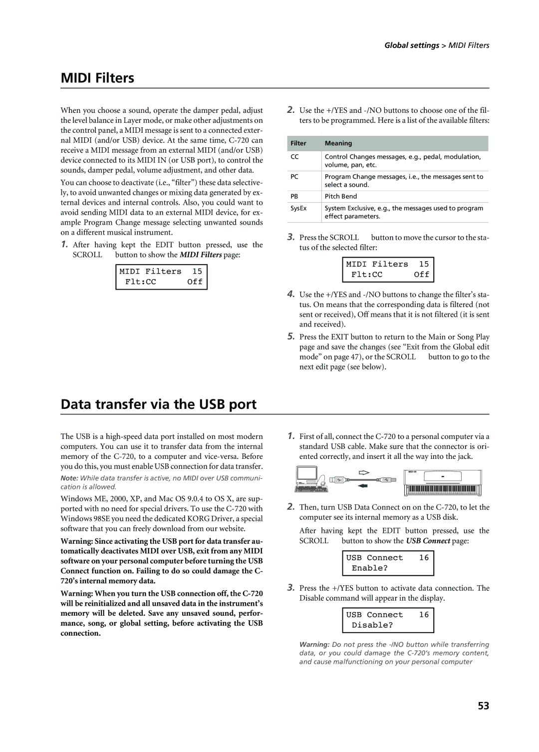 Korg C-720 user manual Midi Filters, Data transfer via the USB port, Tus of the selected filter 