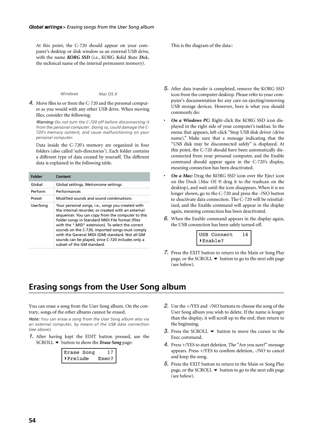 Korg C-720 Erasing songs from the User Song album, On a Mac Drag the Korg SSD icon over the Eject icon, Folder Content 