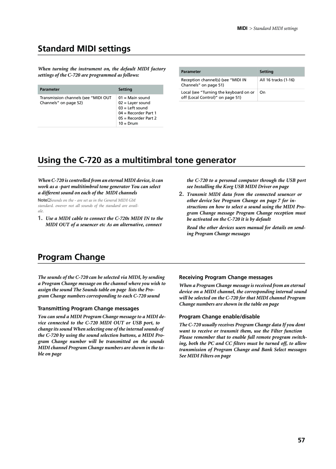 Korg user manual Standard Midi settings, Using the C-720 as a multitimbral tone generator, Program Change 