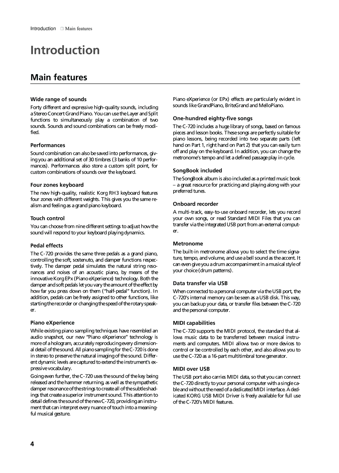 Korg C-720 user manual Introduction, Main features 