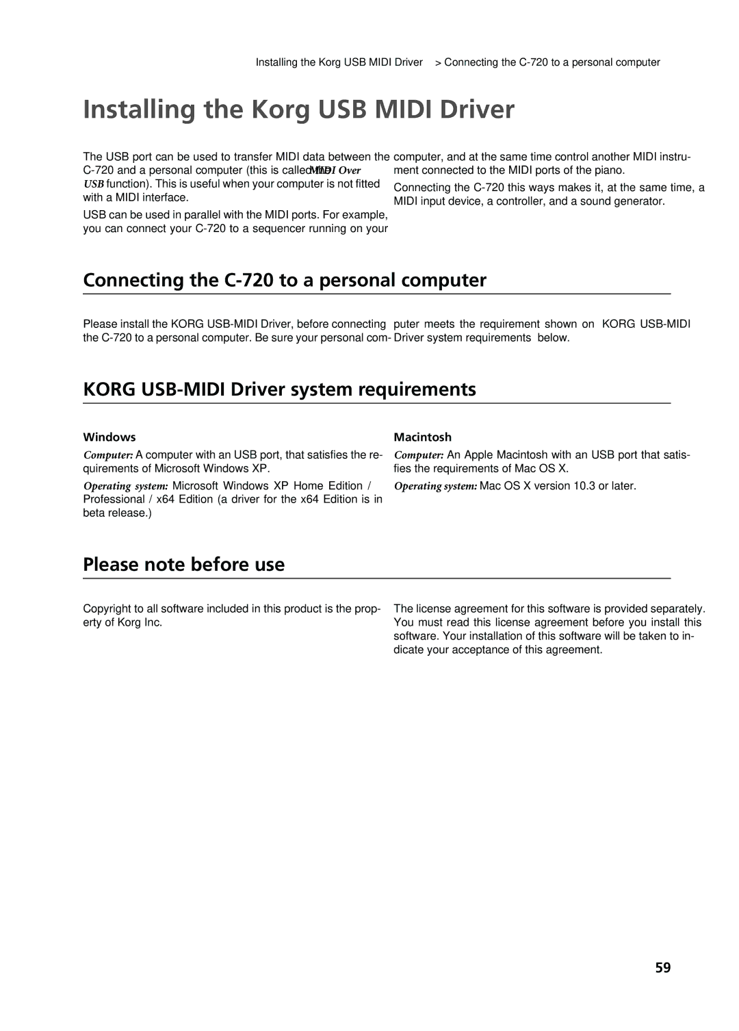 Korg Installing the Korg USB Midi Driver, Connecting the C-720 to a personal computer, Please note before use 