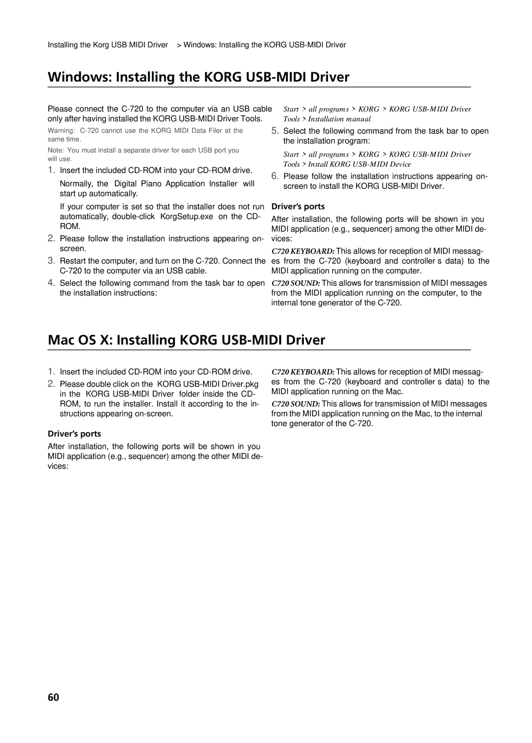 Korg C-720 Windows Installing the Korg USB-MIDI Driver, Mac OS X Installing Korg USB-MIDI Driver, Driver’s ports 