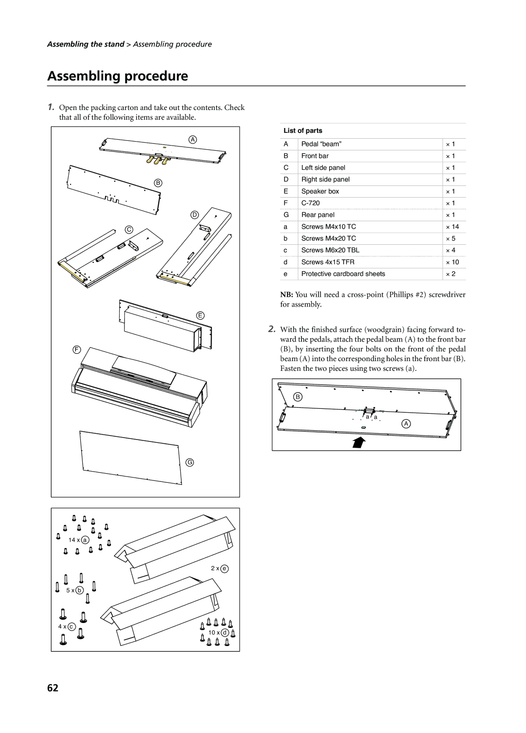 Korg C-720 user manual Assembling procedure, For assembly, By inserting the four bolts on the front of the pedal 