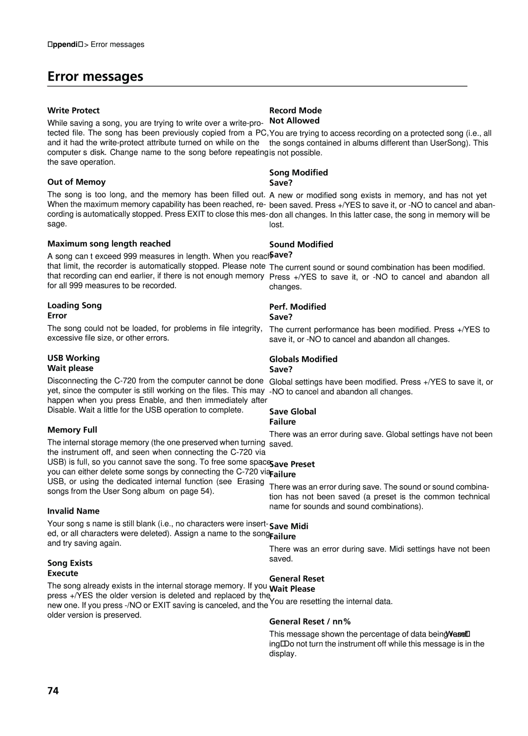 Korg C-720 user manual Error messages 