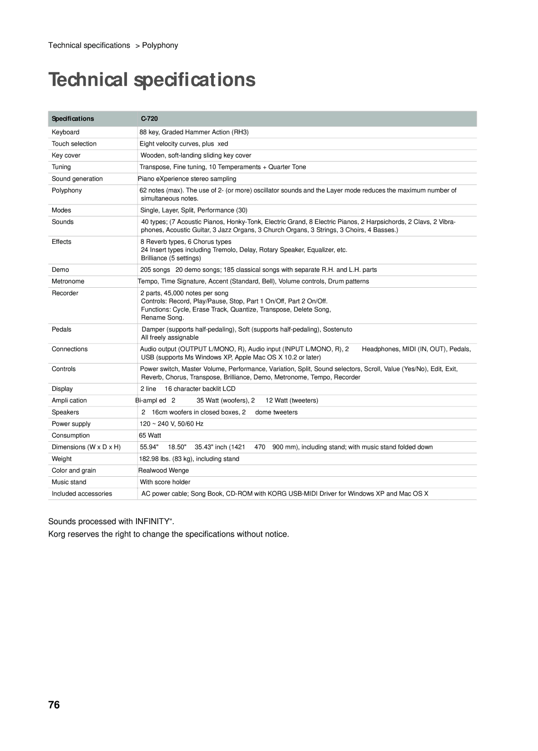 Korg C-720 user manual Technical speciﬁcations, Speciﬁcations 720 