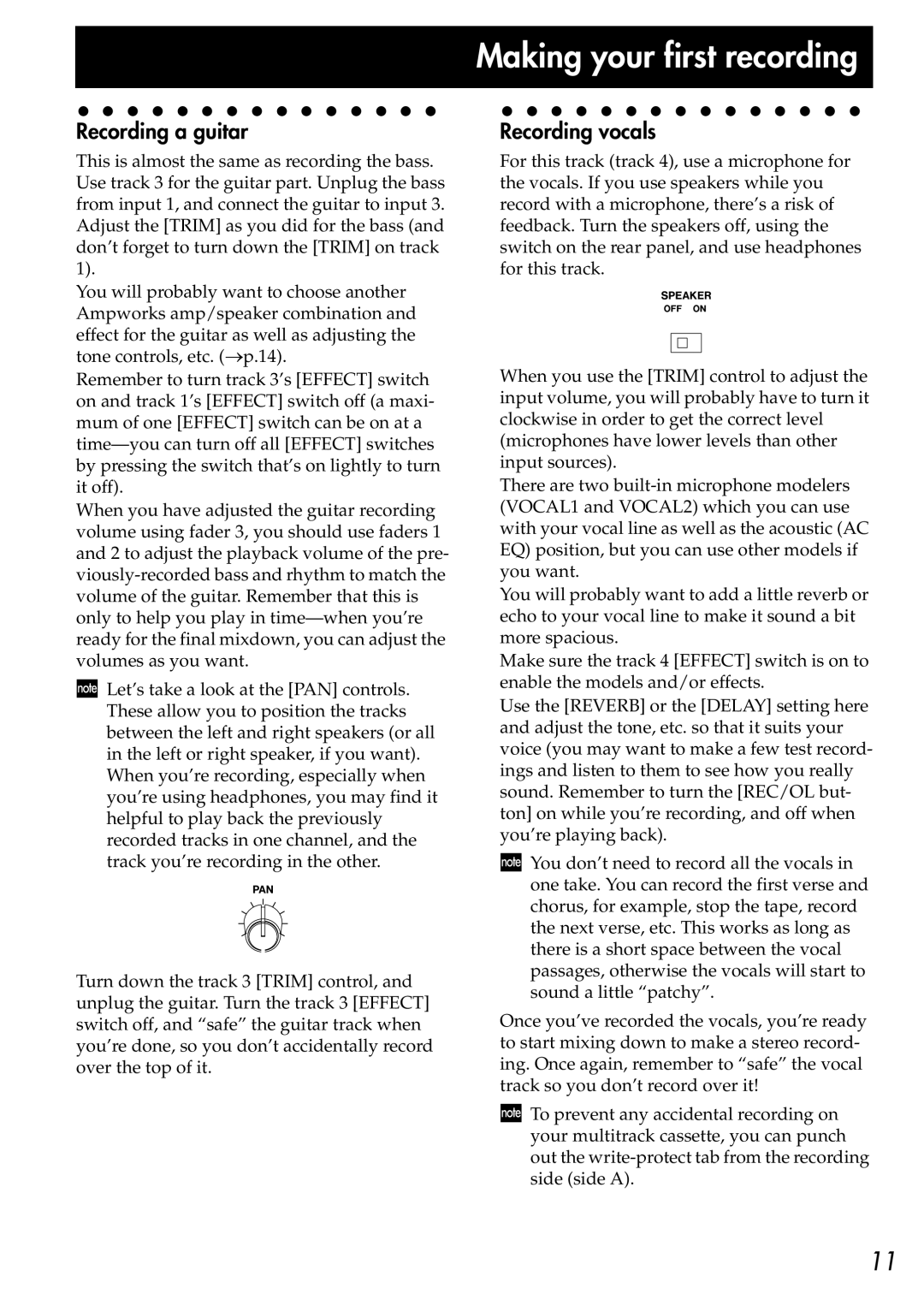 Korg CR-4 owner manual Recording a guitar, Recording vocals 