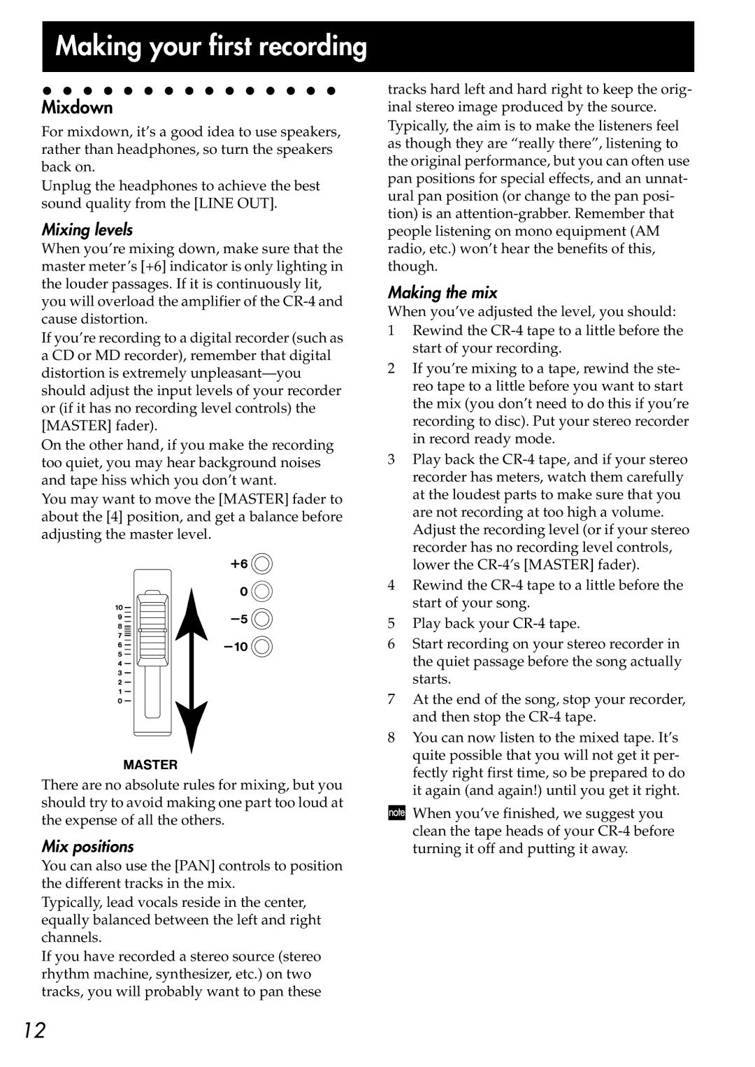 Korg CR-4 owner manual Mixdown, Mixing levels 