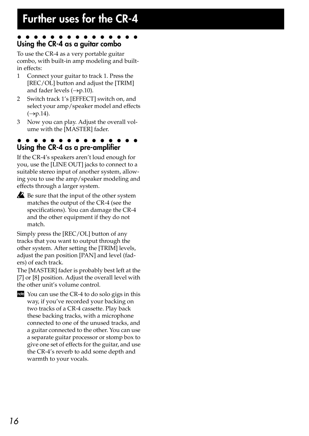 Korg owner manual Further uses for the CR-4, Using the CR-4 as a guitar combo, Using the CR-4 as a pre-amplifier 