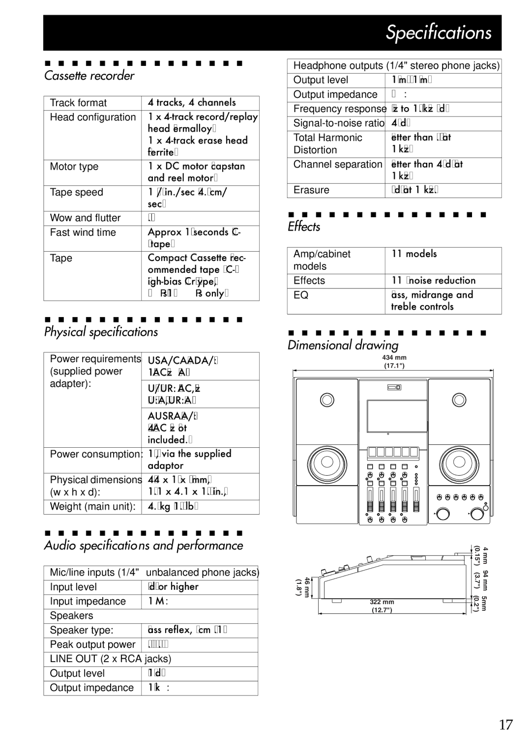 Korg CR-4 owner manual Specifications, Cassette recorder, Physical specifications, Audio specifications and performance 