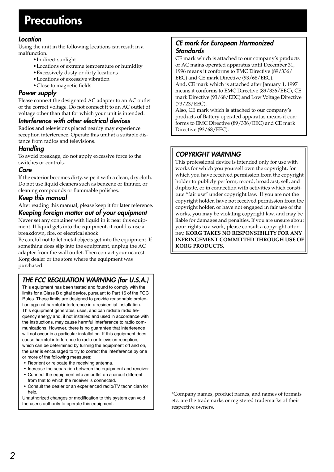 Korg CR-4 owner manual Precautions, Location 