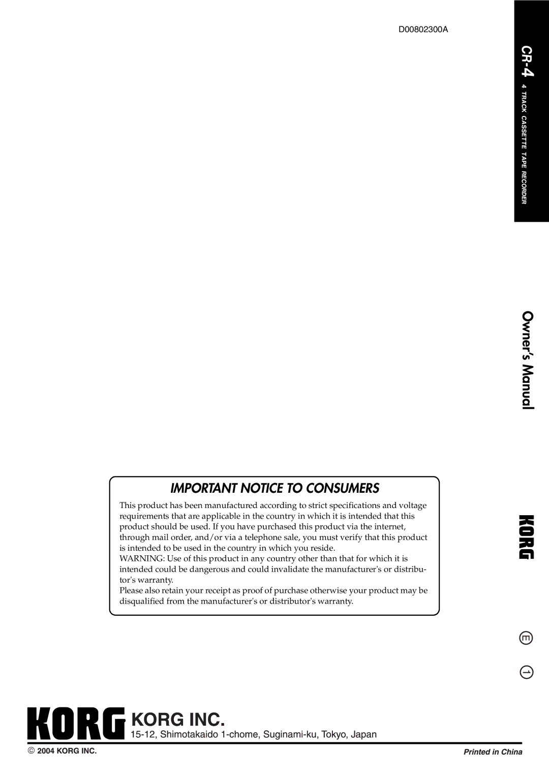 Korg CR-4 owner manual Important Notice to Consumers 