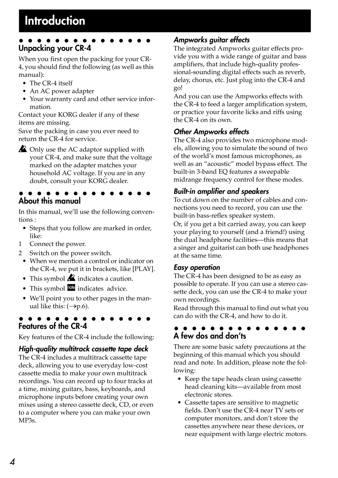 Korg owner manual Unpacking your CR-4, About this manual, Features of the CR-4, Few dos and don’ts 