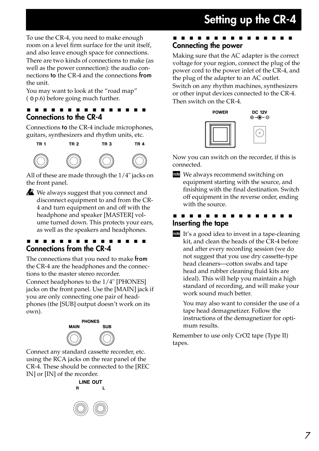 Korg owner manual Connections to the CR-4, Connections from the CR-4, Connecting the power, Inserting the tape 