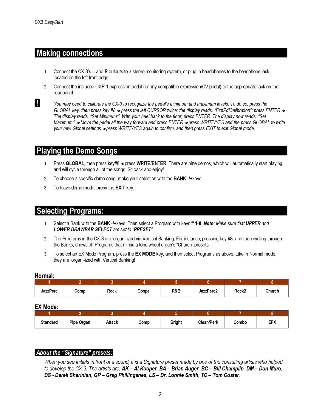Korg CX-3 manual Making connections, Playing the Demo Songs, Selecting Programs, About the Signature presets 